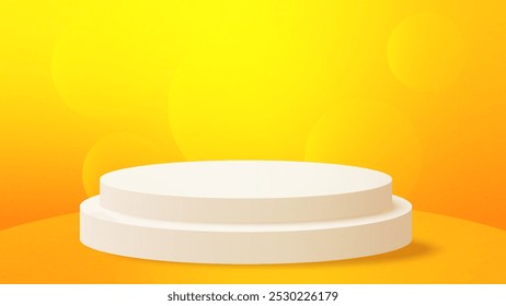 Yellow bokeh circles background. Realistic white cylinder pedestal podium. vector rendering geometric forms design. minimal scene. production stage showcase, mockup product display.