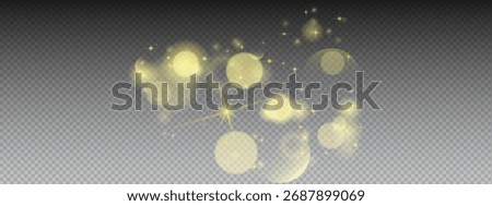 Yellow bokeh light effect on transparent background. Clustered golden circles, star flares, and glitter particles create magic glow. Vector texture overlay for holiday templates 