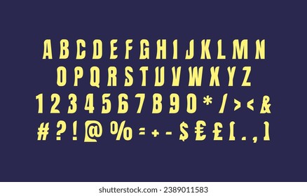 Yellow bold alphabet set for dark theme. Vector decorative typography. Decorative typeset style. Latin script for headers. Trendy letters and numbers for graphic posters, banners, invitations texts