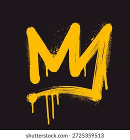 Yellow bold brush drawn crown in graffiti style with airbrush texture and paint drips. Hand drawn bold kind or queen crown with dry brush texture. Thick naive graffiti shape. Princess and prince hat.