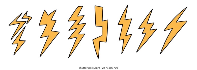 Yellow Bolt Lightning Thunder Flash Set. Thunderbolt Lightening Icon Collection. Light Energy Logo. Vector Illustration
