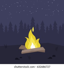 Yellow bonfire in the night forest. No people. Copy space / flat editable vector illustration, clip art