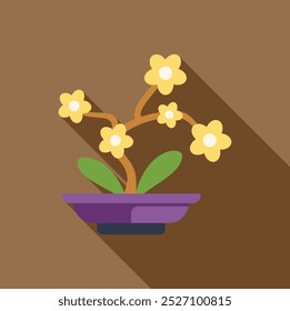 Yellow bonsai tree with green leaves growing in a purple pot, flat design icon with long shadow