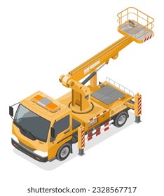 Yellow boom lift truck isometric industrial construction vehicles work concept isolated vector