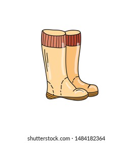Yellow boots on a white background. Vector Illustration by hand in the style of doodle. Illustration for children.