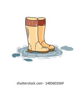 Yellow boots in a puddle. Vector Illustration by hand in the style of doodle. Illustration for children