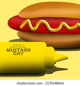 Yellow bottle containing mustard and hot dog with mustard topping with bold text on yellow background, National Mustard Day August 6