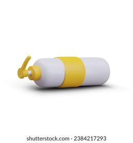 Frasco amarillo con dispensador para diferentes productos cosméticos líquidos. Frasco de jabón, champú y detergente. Ilustración vectorial con lugar para texto en un estilo 3d realista