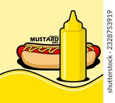 Yellow bottle filled with mustard and a delicious hotdog dish, with bold text on light yellow background to celebrate National Mustard Day on August 5