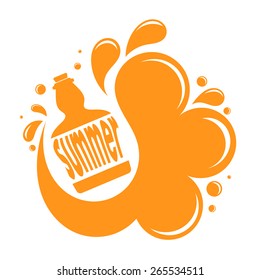 Yellow bottle with flowing liquid. Design element. Summer. Vector illustration.