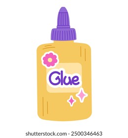 Yellow bottle of glue. Vector illustration. Isolated on a white background. Office stationery. Back to school concept. Stationery tool for office paperwork or education. Kawaii style.	