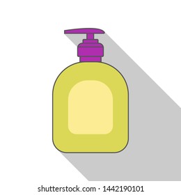 
Yellow bottle with liquid soap on a white background. Colored icon with outline and shadow.