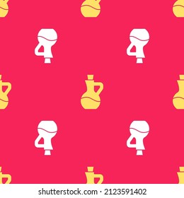 Yellow Bottle of olive oil icon isolated seamless pattern on red background. Jug with olive oil icon.  Vector