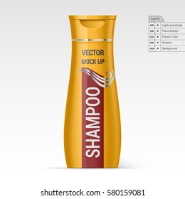 Yellow Bottle Shampoo Isolated on White Background. Vector Layers Mock up