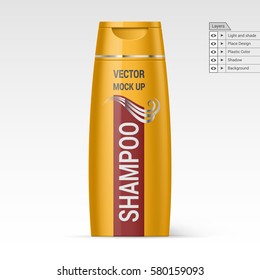 Yellow Bottle Shampoo Isolated on White Background. Vector Layers Mock up for Design