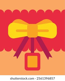 Yellow bow with purple ribbons holding a red and orange tag hanging from a red wavy border on an orange background, simple vector illustration