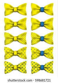 Yellow bow tie with blue dots set realistic vector illustration isolated on white background