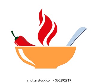 yellow bowl dish with red hot chili pepper and flames burning soup vector illustration