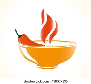 yellow bowl dish with red hot chili pepper and flames burning soup vector illustration