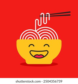 Tazón amarillo con fideos como emoji delicioso. elemento de logotipo de sopa de Diseño gráfico moderno de tendencia abstracta aislado en rojo. concepto de cocina japonesa asiática fresca y deliciosa para llevar o llevar