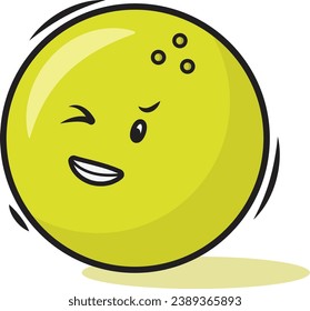 Yellow bowling ball character with eye and mouth on white background