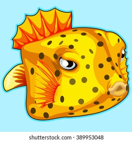 Yellow box fish (Ostracion cubicus) isolated on a blue background. Vector.