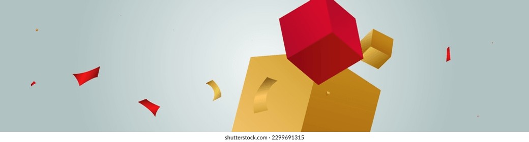 Yellow Box Fly Technology Vector Panoramic Grey Background. Luxury Square Falling Geometric Illustration. Gold and Red Block Abstract Wallpaper. Geometry Confetti Fashion Banner.