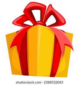yellow box with holiday gift with red ribbon