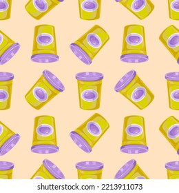 Yellow box with plasticine, plastic cup with lid. Seamless pattern. Vector