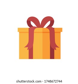 Yellow box present with red bow isolated on white background. Goft fpr holiday. Flat vector illustration.