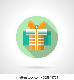 Yellow box with ribbon bow. Button for send gift. Celebrations and events. Green round flat vector icon with long shadow. Element for web design, business, mobile app.