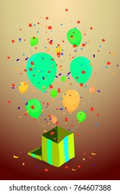 Yellow box with a surprise from balloons, stars and confetti with a background