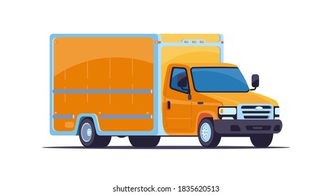 Yellow box truck for delivery. Illustration in flat style. Side front view. Isolated on white background.