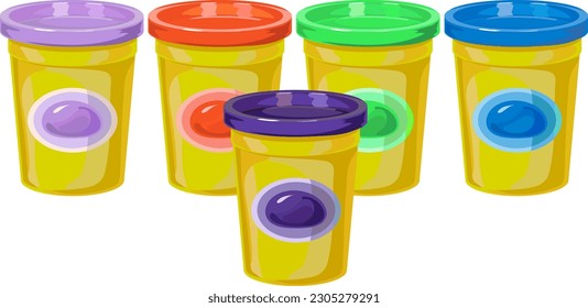 Yellow boxes with plasticine, plastic cup with lid, many colors, stand in a row. Vector