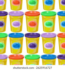 Yellow boxes with plasticine, plastic cup with lid, many colors, stand in a row. Vector. seamless pattern