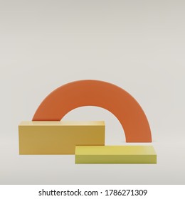 Cajas amarillas podio con anaranjado en un fondo blanco, estudio. Para exhibición de productos, exhibición, espectáculo. Escenario mínimo. Ilustración realista del vector 3d.