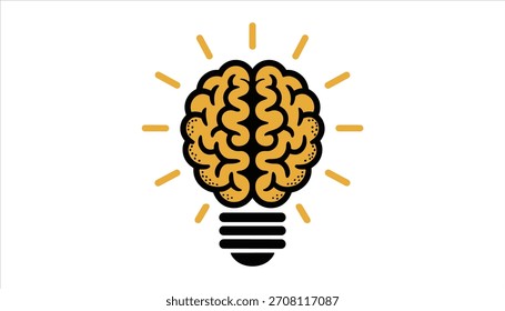 Cerebro amarillo en forma de bombilla con líneas radiantes sobre fondo blanco idea negro