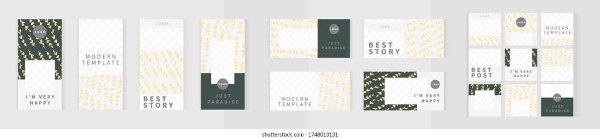 Yellow Branches Of Plants Template.  Modern Style. Big Set Of Vertical, Horizontal And Square Banners For Design Of Social Networks, Instagram Story And Print With Windows For Images.