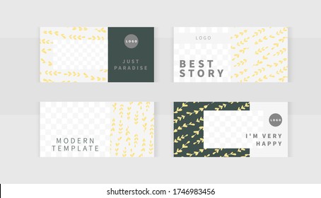 Yellow branches of plants template. Trendy editable set horizontal banner with frame for images. 