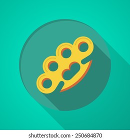 Yellow brass knuckle with orange element flat icon on green background with long shadow design.