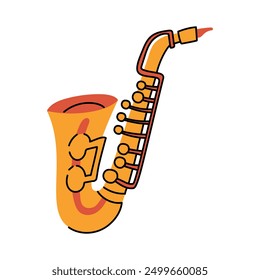 Saxofón de latón amarillo en un estilo plano. Instrumento musical de viento para solo, orquesta, uso de jazz. Una herramienta brillante aislada. Ilustración vectorial plana resaltada sobre un fondo blanco