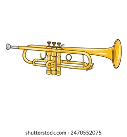 yellow brass trumpet with three valves and a flared bell. The trumpet is viewed from a side angle, revealing its mouthpiece, valves, valve casings, and the curved tubing leading to the bell. 