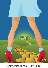 Yellow Brick Road Dorothy On The Road To The Emerald City. EPS 8 Vector, Grouped For Easy Editing.