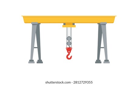 Yellow bridge crane with a central hoisting hook and chain assembly for lifting heavy industrial materials in a facility setting.