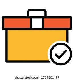 Yellow briefcase with orange top and checkmark icon for business or finance concept icon