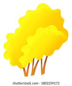 Yellow bright autumn tree or bush with a lush crown, thin brown trunk and branches isolated on white. Vector illustration of big plant with foliage round shape, landscape element in cartoon concept