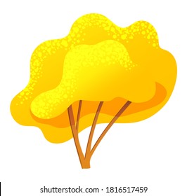 Yellow bright autumn tree or bush with a lush crown, thin brown trunk and branches isolated on white. Vector illustration of big plant with foliage round shape, landscape element in cartoon concept