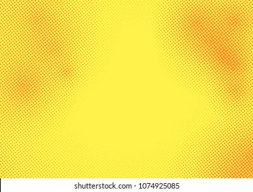 Yellow bright background with halftone dotted pattern overlay. Pop art orange dots grain. Monochrome effect card layout. Vector illustration