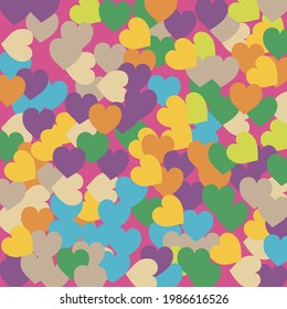 Yellow Bright Blue Saint Valentine Art Illustration. Rainbow Pink Violet Trendy Detailed Fabric. Warm Pastel Hearts Love Confetti Vector Print. Light Purple Simple Romantic Wedding Art.