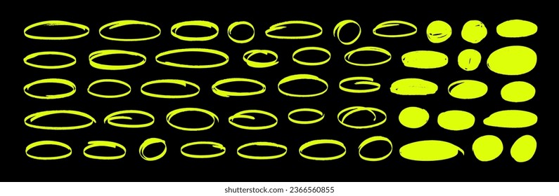Elipses de marcadores brillantes amarillos. Marcador dibujado ovalos y burbujas para redondear y resaltar texto. Contorno y silueta de círculos vectoriales y óvalos. Elementos redondos luminosos para enfatizar el texto.